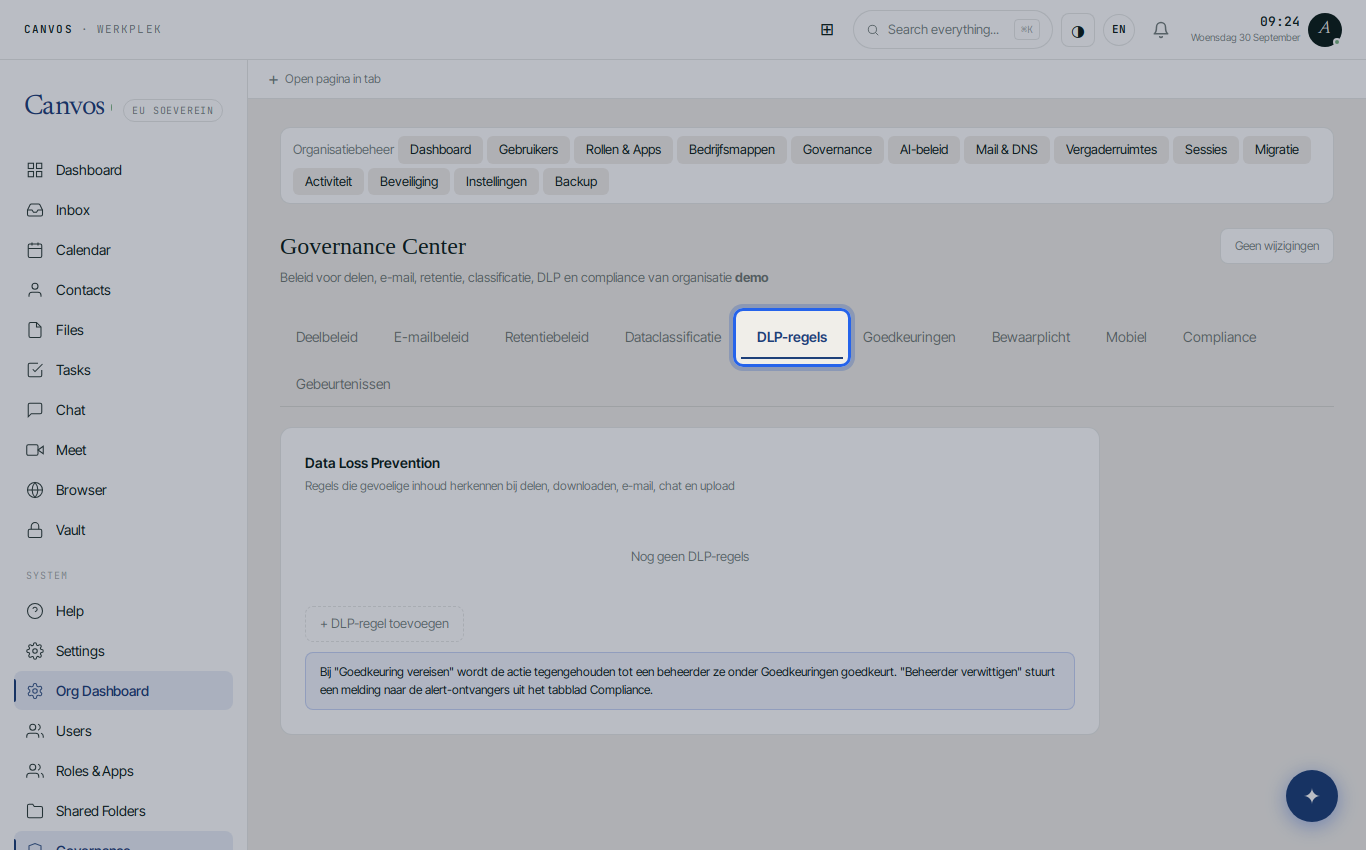 The DLP rules tab, still without rules