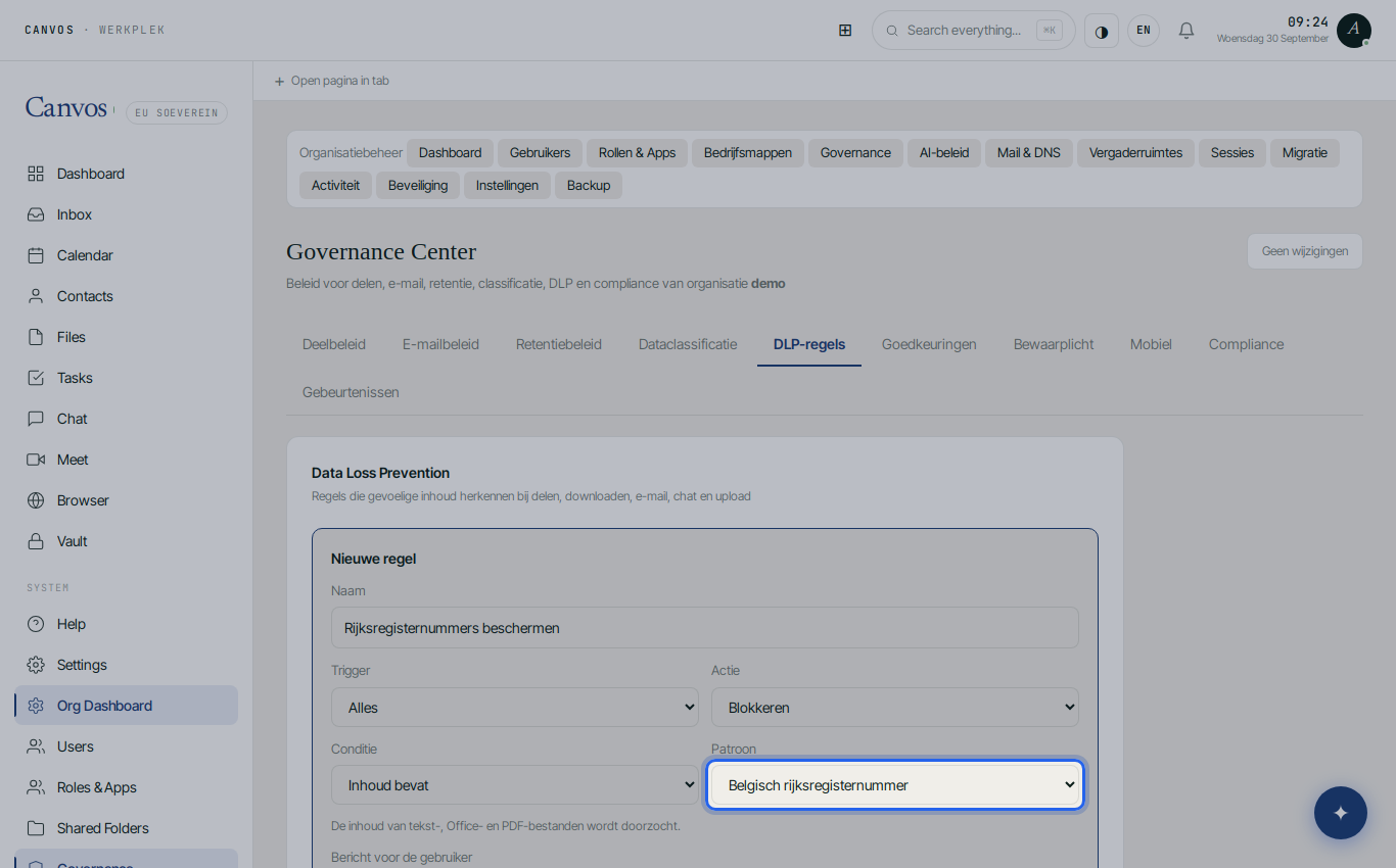 Condition content contains Belgian national register number, action block