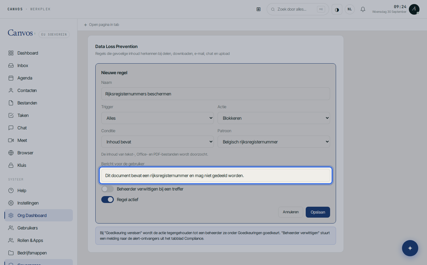 De melding voor de medewerker en de toggle Beheerder verwittigen