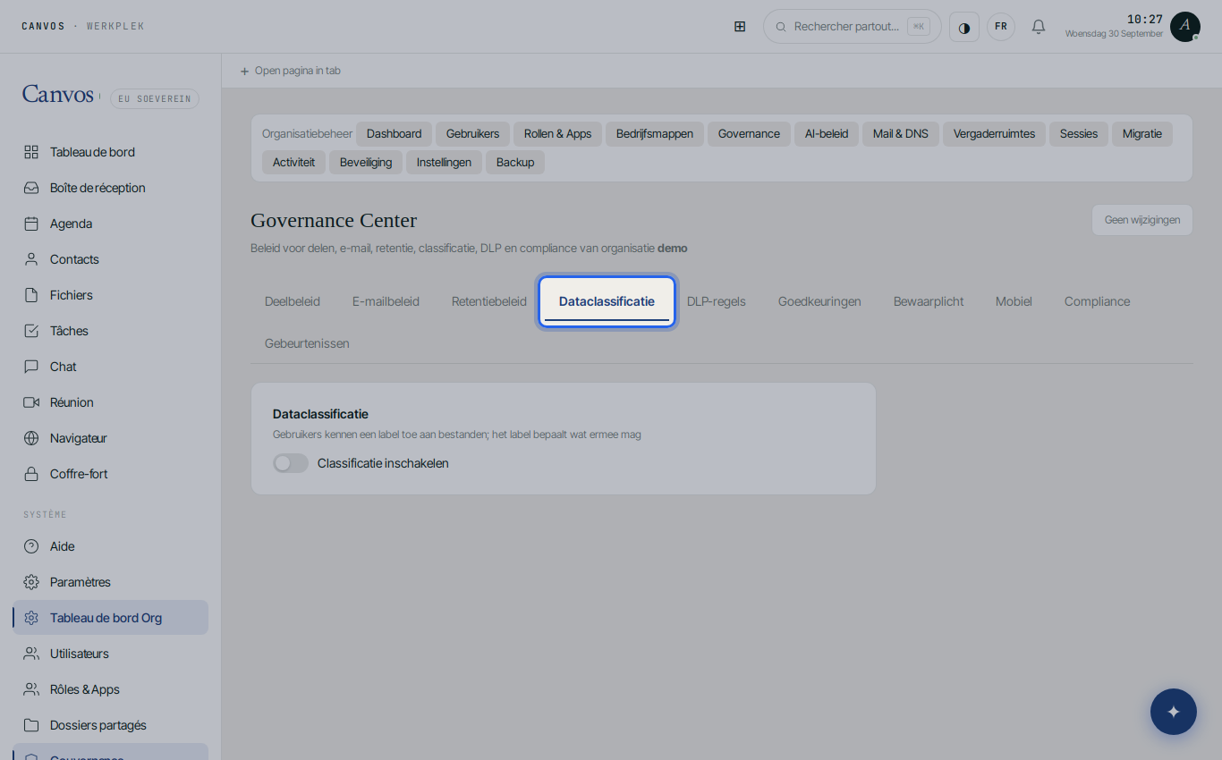 L'onglet classification des données dans le Governance Center