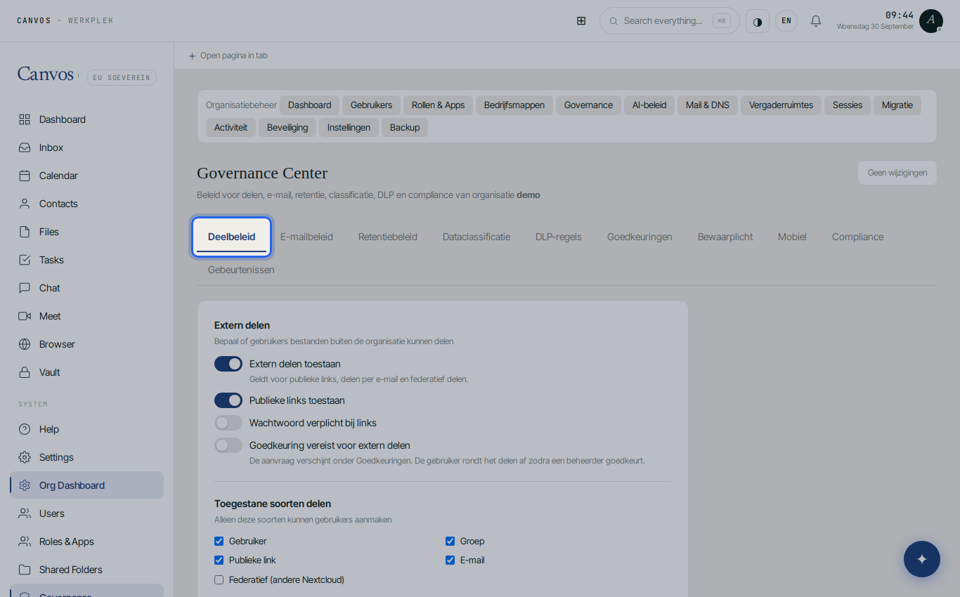The sharing policy tab with the sections External sharing and Allowed share types