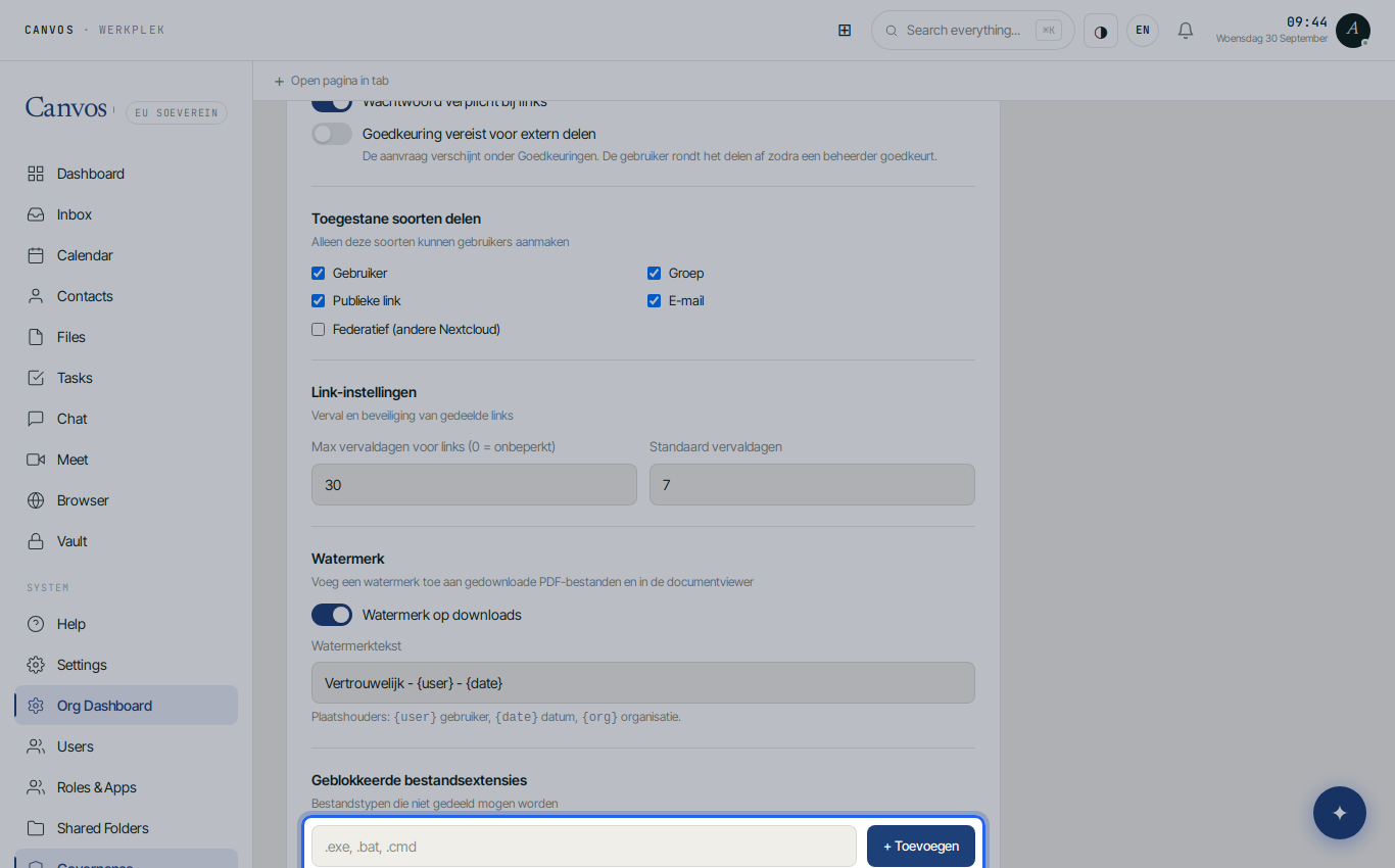 The blocked file extensions field with .vbs added