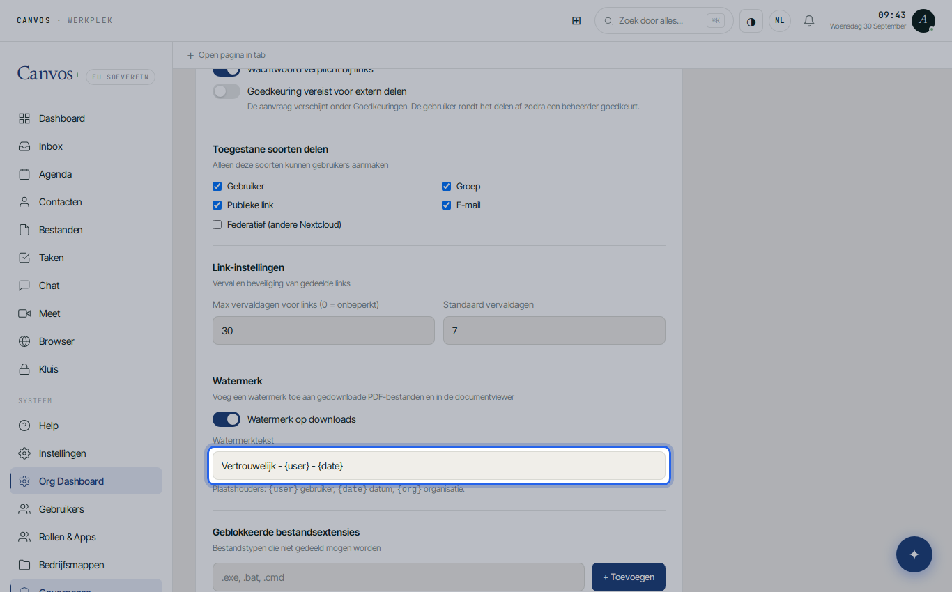 Watermerk op downloads ingeschakeld met de tekst Vertrouwelijk, gebruiker en datum