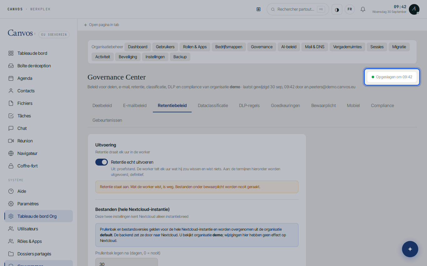 La page indiquant enregistré à avec un point vert