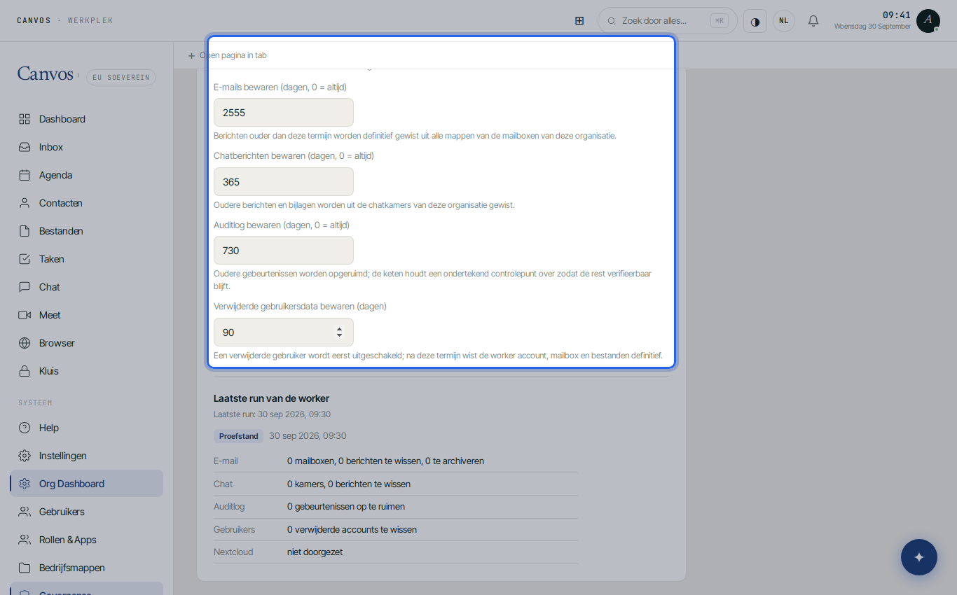 Chat 365 dagen, auditlog 730 dagen, verwijderde gebruikersdata 90 dagen