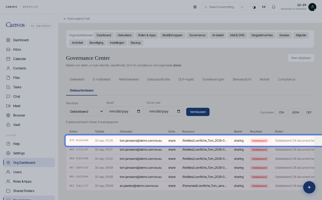 The blocked event with sequence number and hash in the chain column