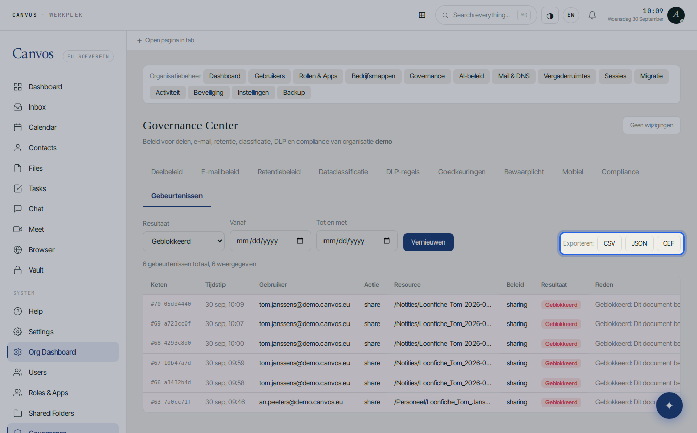 The export buttons CSV, JSON and CEF