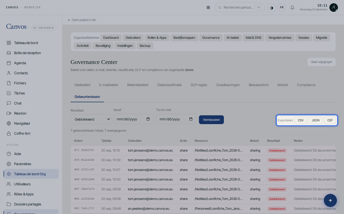 Les boutons d'export CSV, JSON et CEF