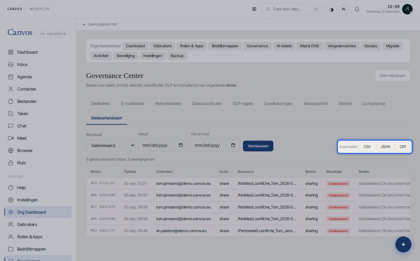 De exportknoppen CSV, JSON en CEF