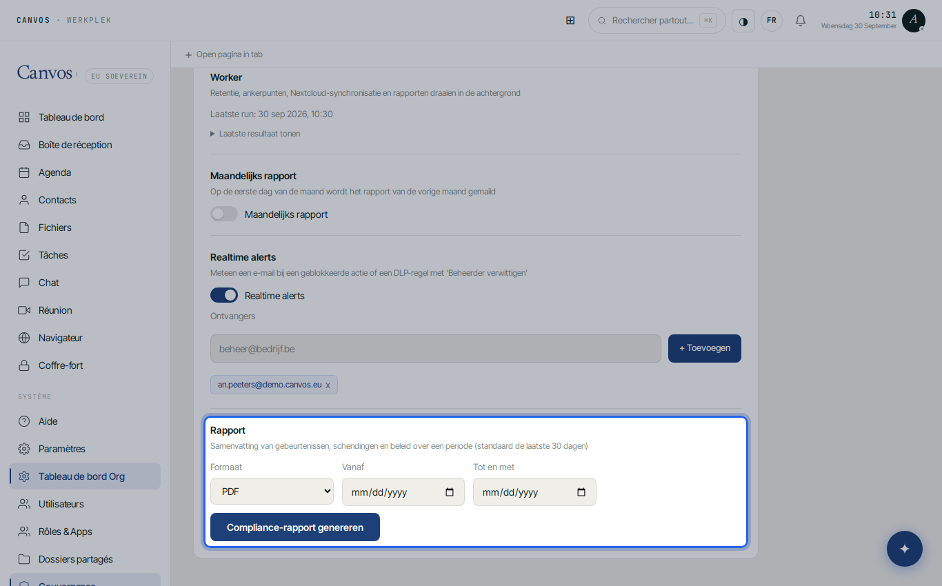 Le bouton générer le rapport de conformité avec le choix de la période