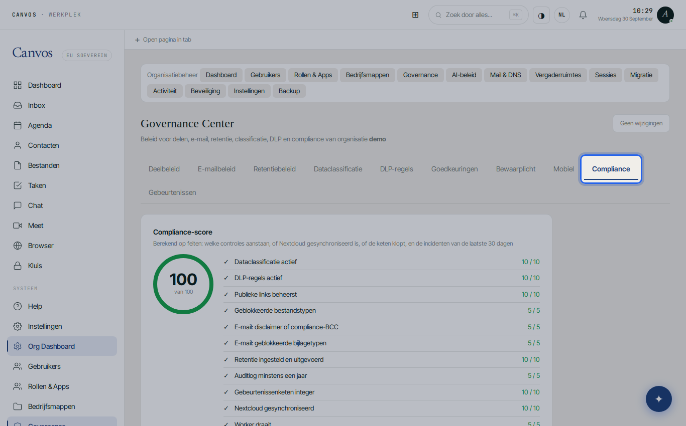 Het tabblad Compliance in het Governance Center