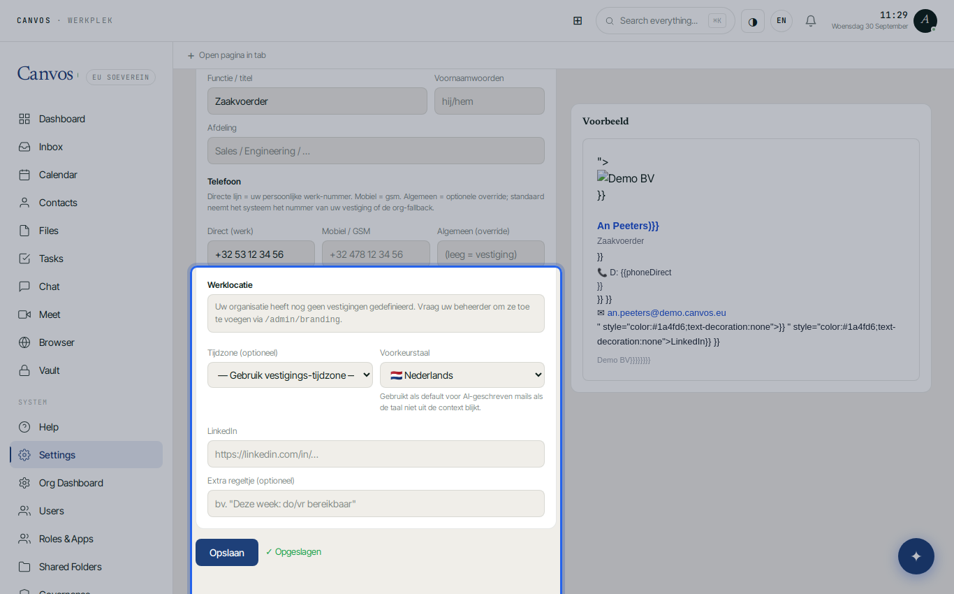 The email signature settings with role and phone filled in