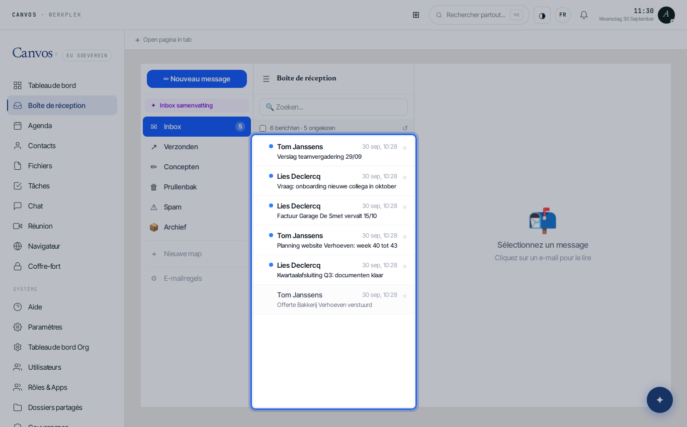 La boîte de réception de Canvos Mail avec dossiers, liste des messages et volet de lecture