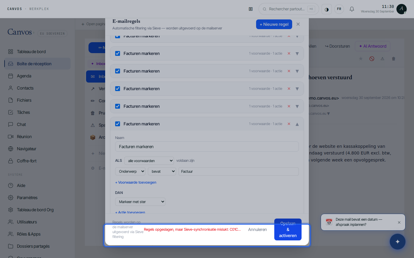Le formulaire d'une nouvelle règle de messagerie avec condition et action
