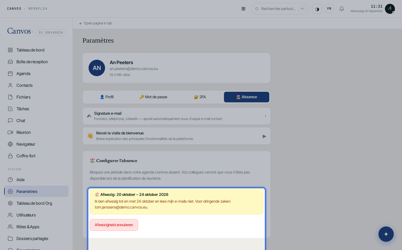L'absence configurée avec période et message, et le bouton d'annulation