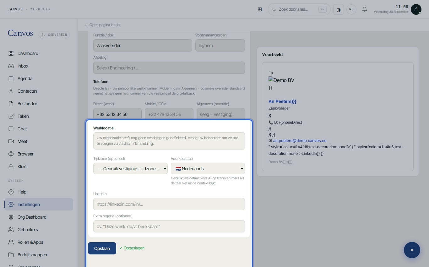 De instellingen voor de e-mailhandtekening met functie en telefoon ingevuld