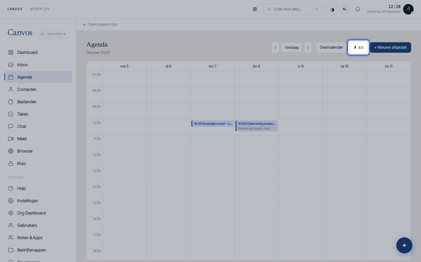 De knoppen Deel kalender en .ics bovenaan de agenda