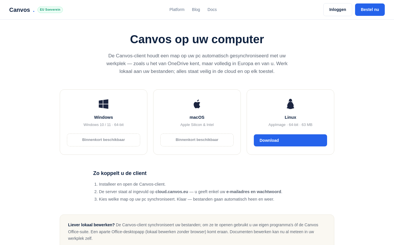 The Canvos download page with the cards for Windows, macOS and Linux