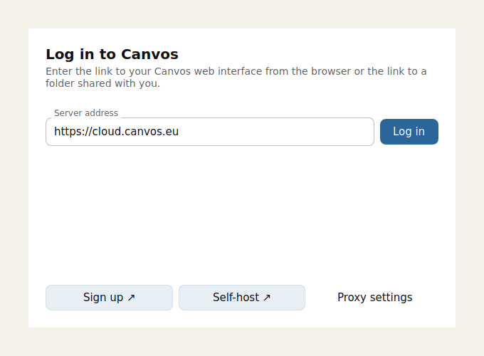 The first screen of the Canvos client with the server address already filled in