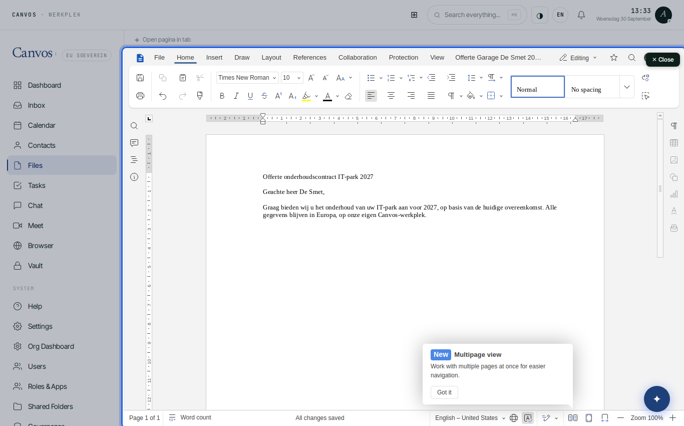 Text typed in the document, with the notice that everything is saved