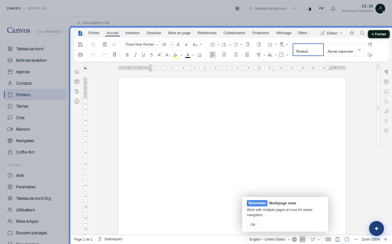Un nouveau document ouvert dans Euro-Office