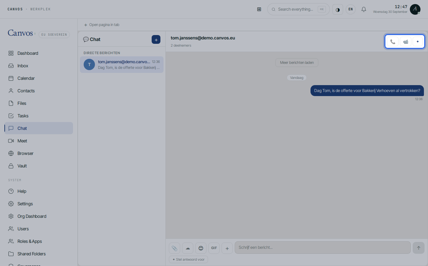 The video and audio meeting buttons at the top of a chat conversation
