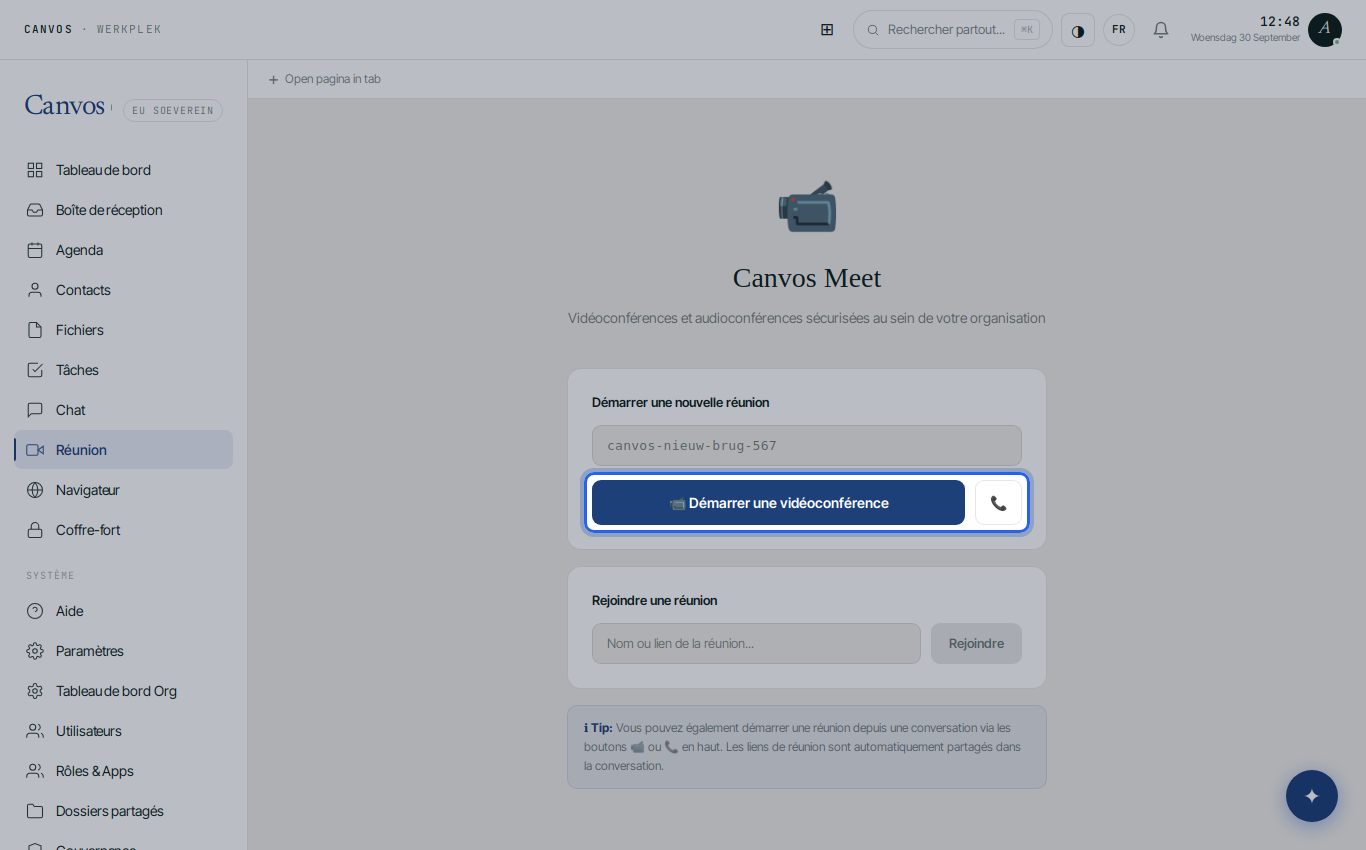 La page Meet avec le bouton Démarrer la visioconférence