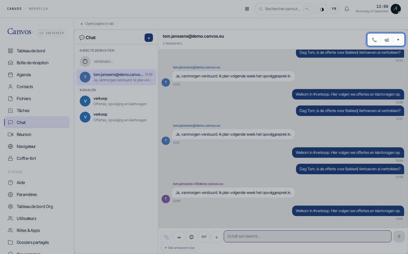 Le canal ventes avec les boutons de visioconférence et d'appel audio