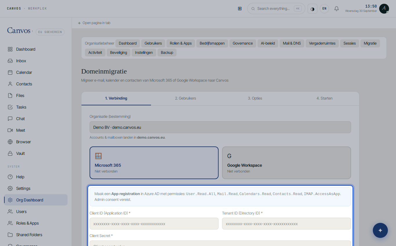 Step 1 of the wizard with the Client ID, Tenant ID and Client Secret fields