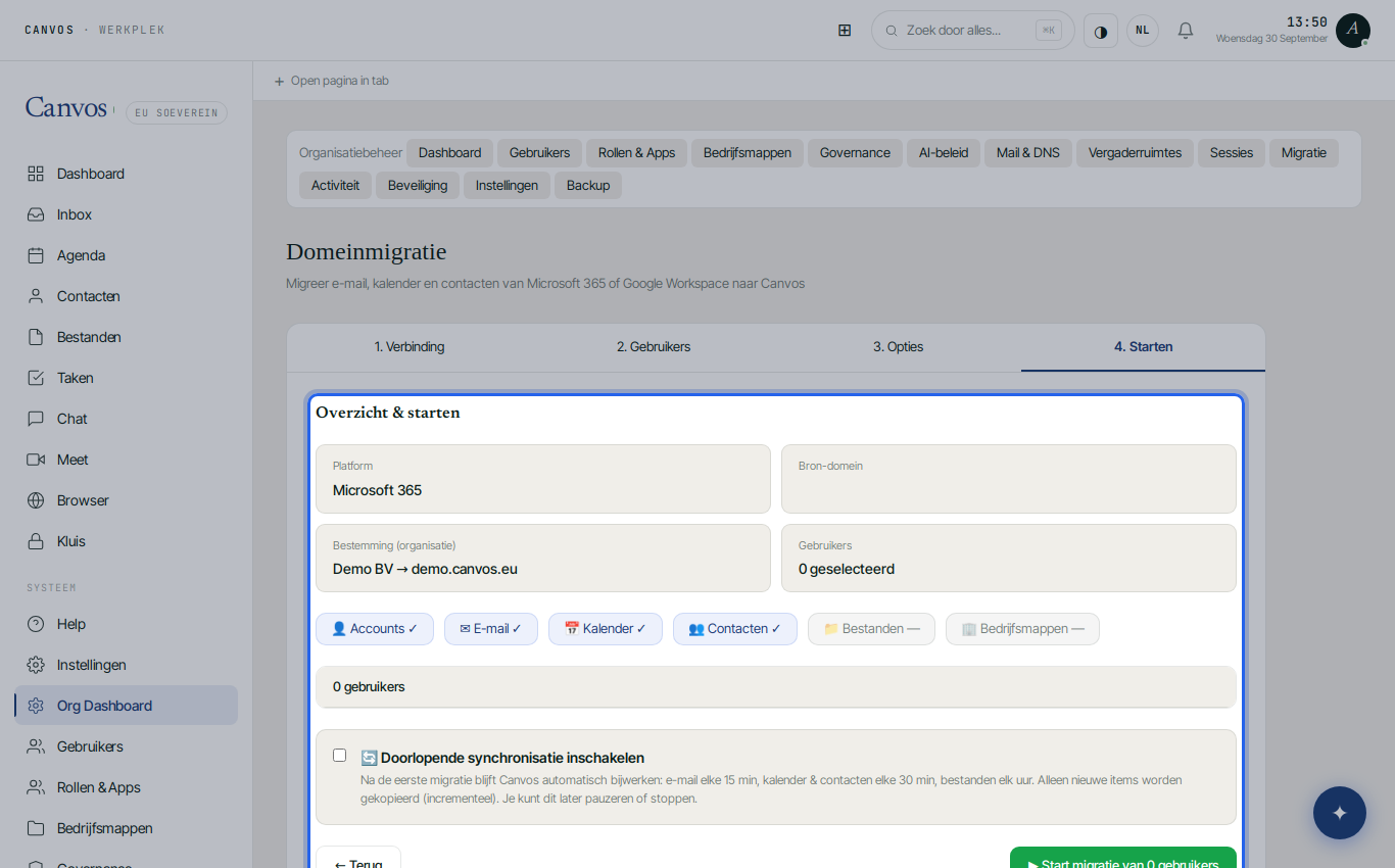 Stap 4 van de wizard: overzicht, doorlopende synchronisatie en de startknop