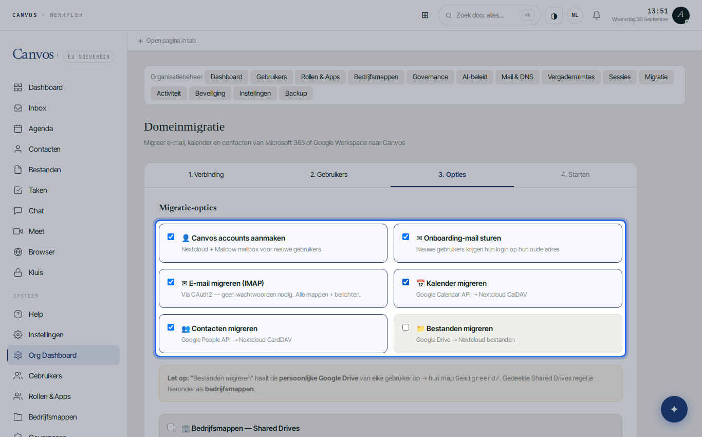 Stap 3 van de wizard met de migratie-opties voor Gmail, Agenda, Contacten en Drive