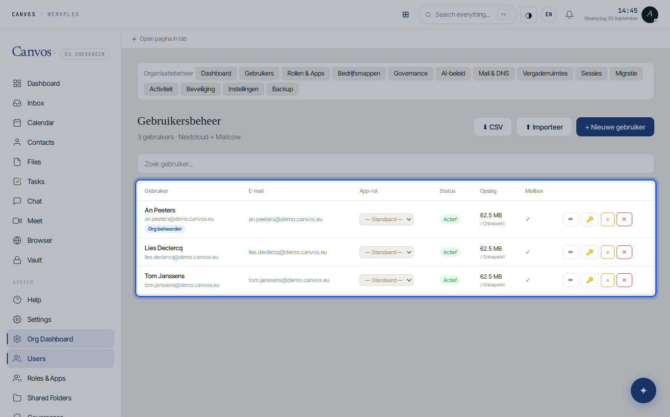 The user list of Demo BV with role, storage and mailbox per person