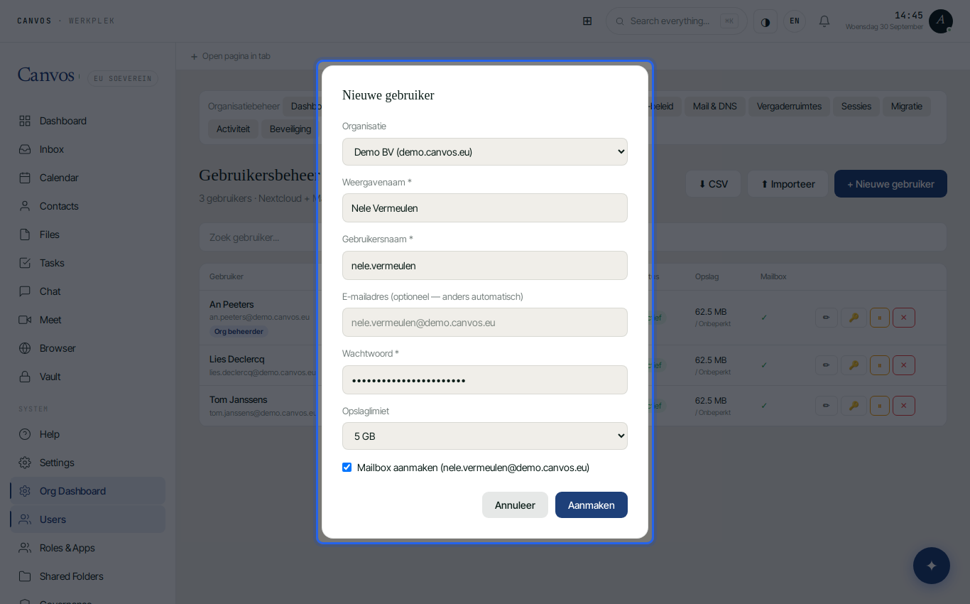 The New user form with name, username, password and quota