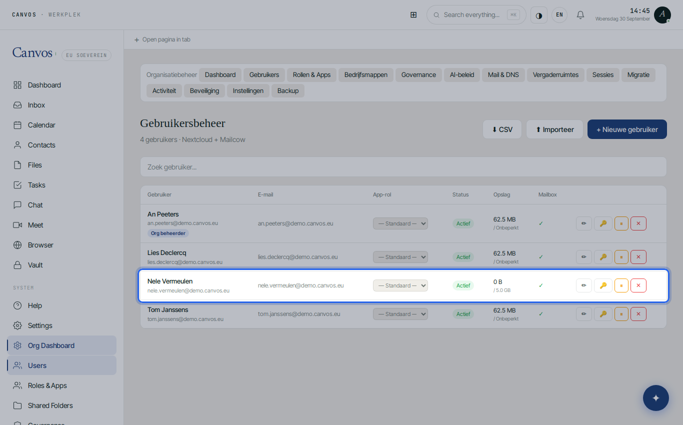 Nele Vermeulen listed among the users with mailbox and storage