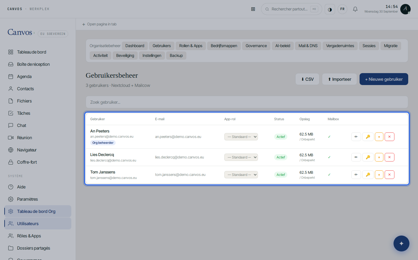 La liste des utilisateurs de Demo BV avec rôle, stockage et boîte mail par personne