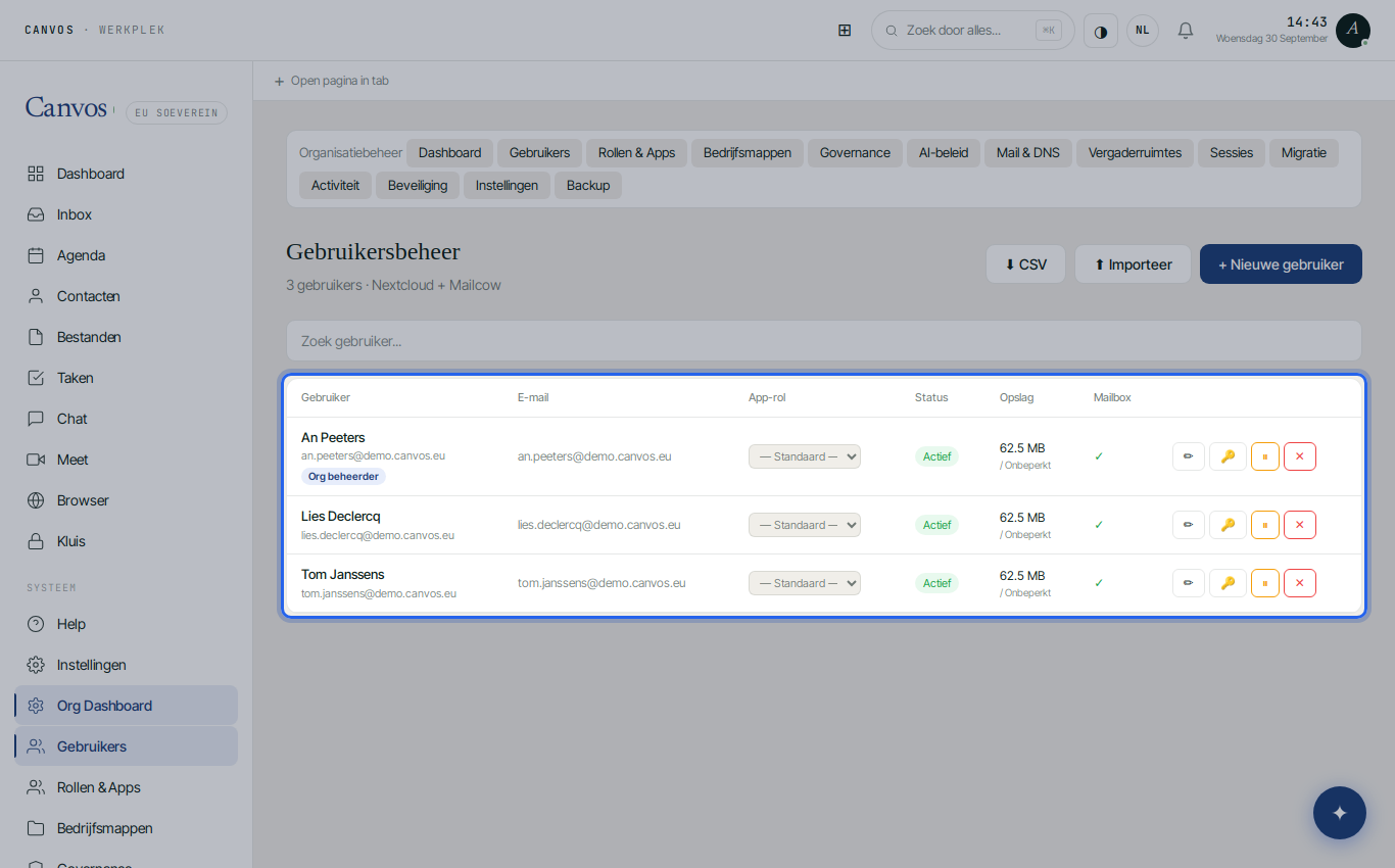 De gebruikerslijst van Demo BV met rol, opslag en mailbox per persoon
