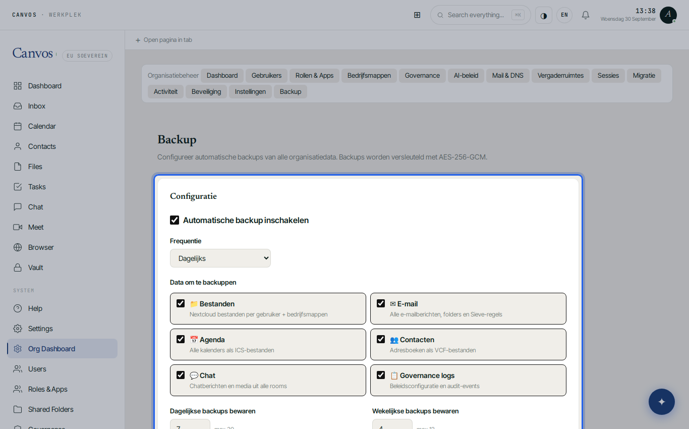 The Backup page with the configuration of automatic backups