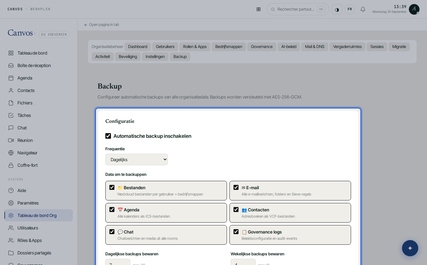 La page Backup avec la configuration des sauvegardes automatiques