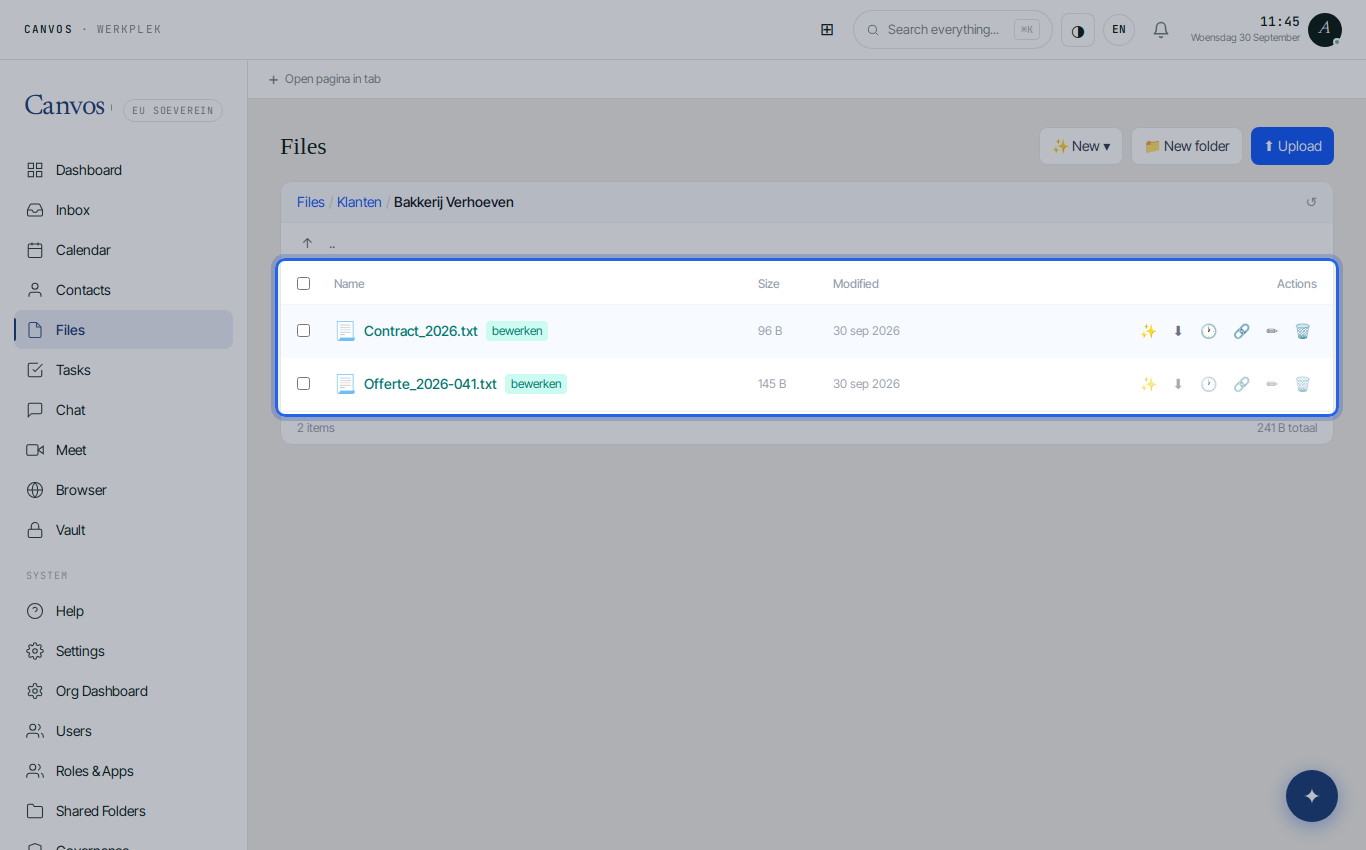 The Bakkerij Verhoeven folder in Files with quote and contract