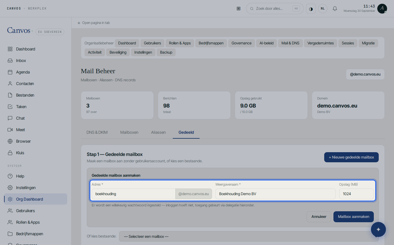 Het formulier voor een nieuwe gedeelde mailbox boekhouding