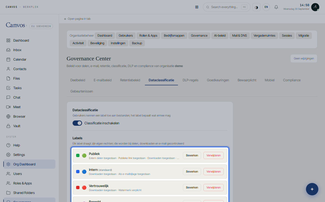 The Confidential label with its rules in the data classification