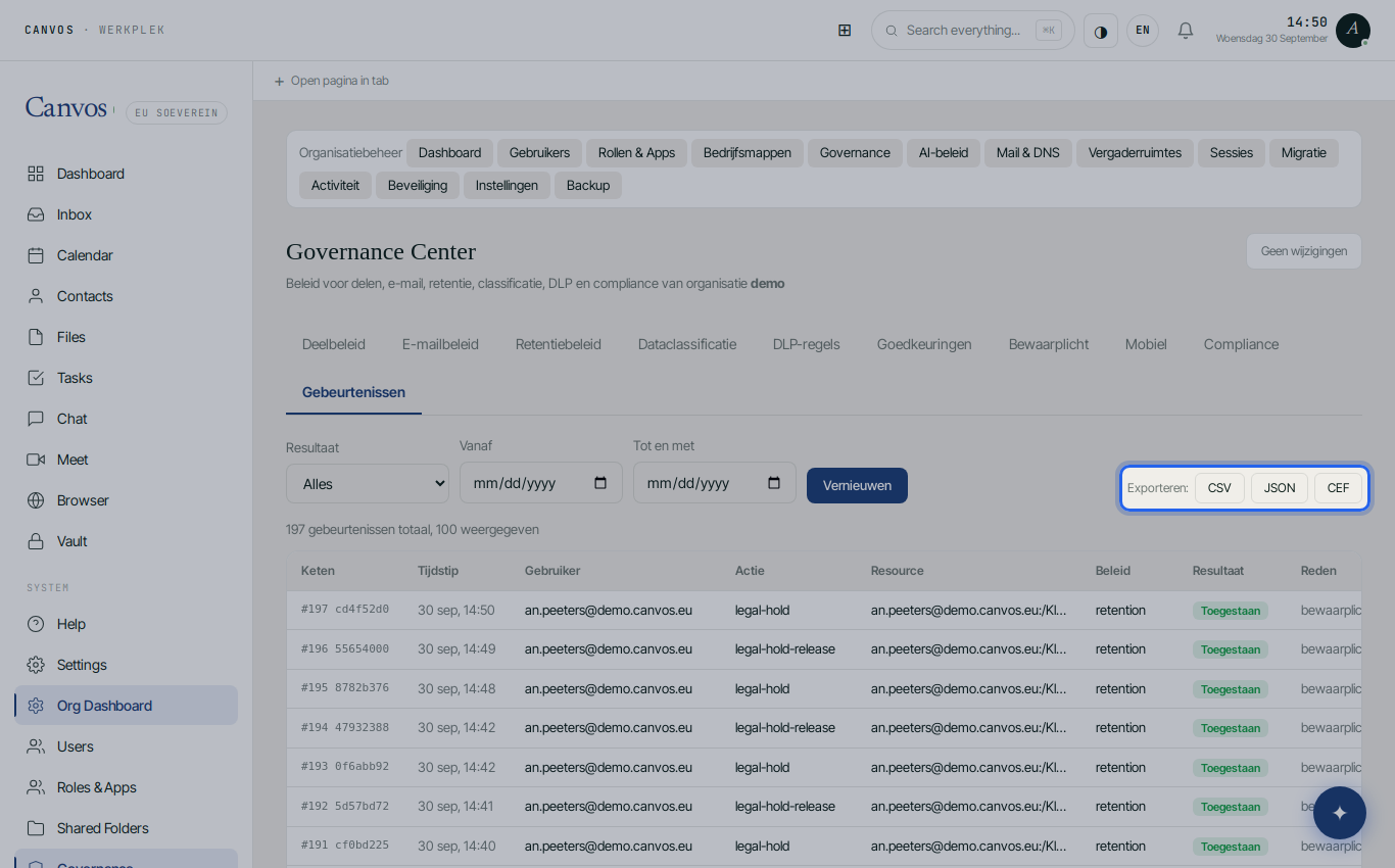 The event log with the export buttons CSV, JSON and CEF