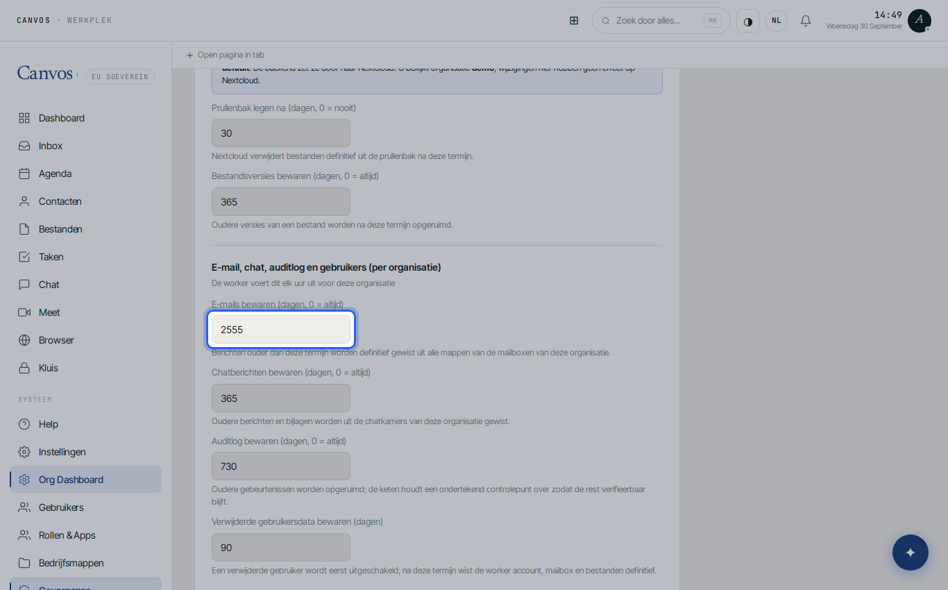 Het retentiebeleid met een bewaartermijn van zeven jaar voor e-mail