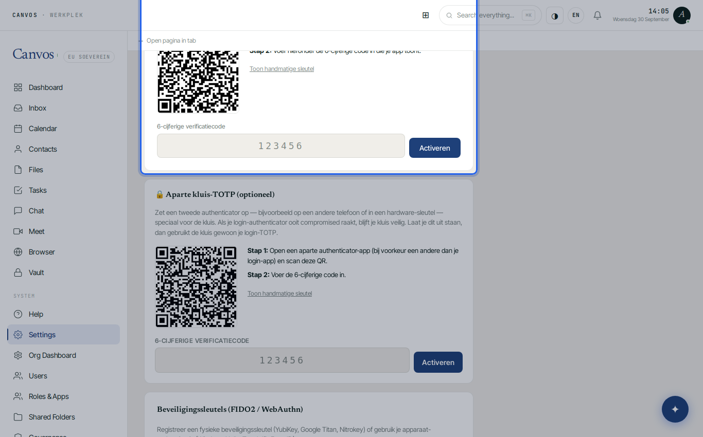The 2FA settings with authenticator app and hardware key