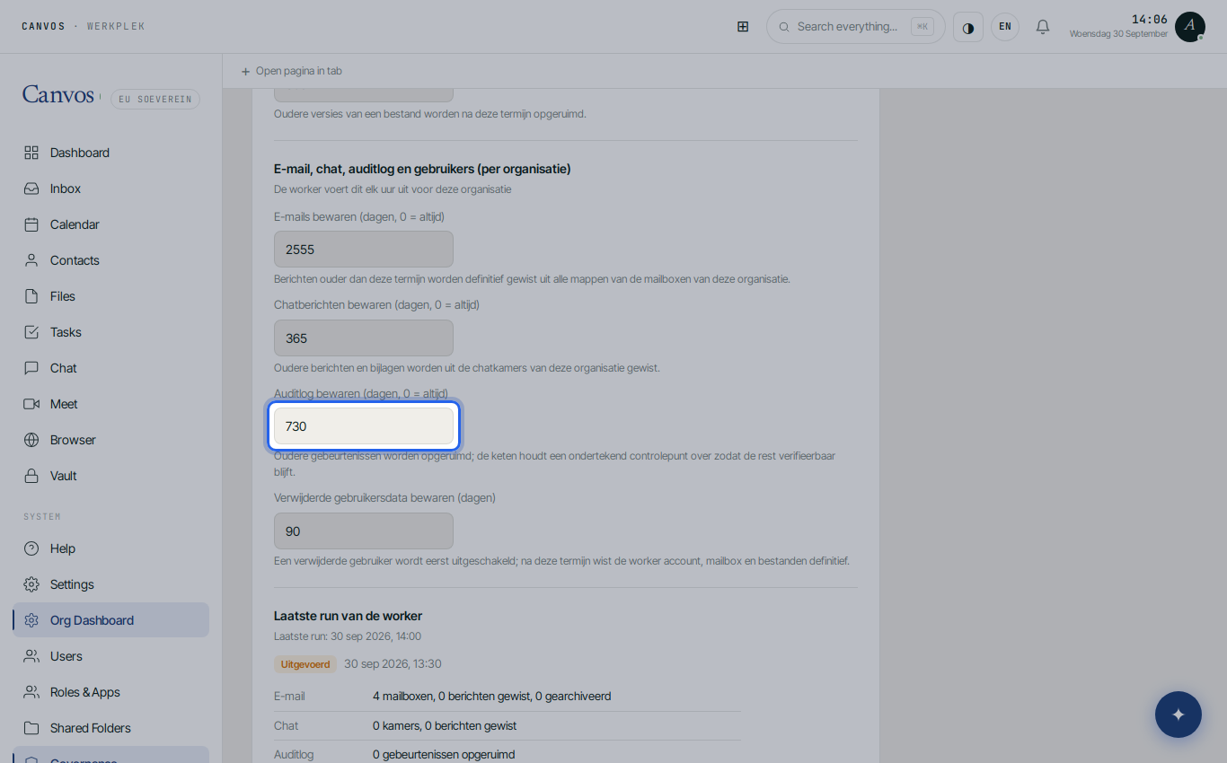 The retention policy with the retention period for the audit log