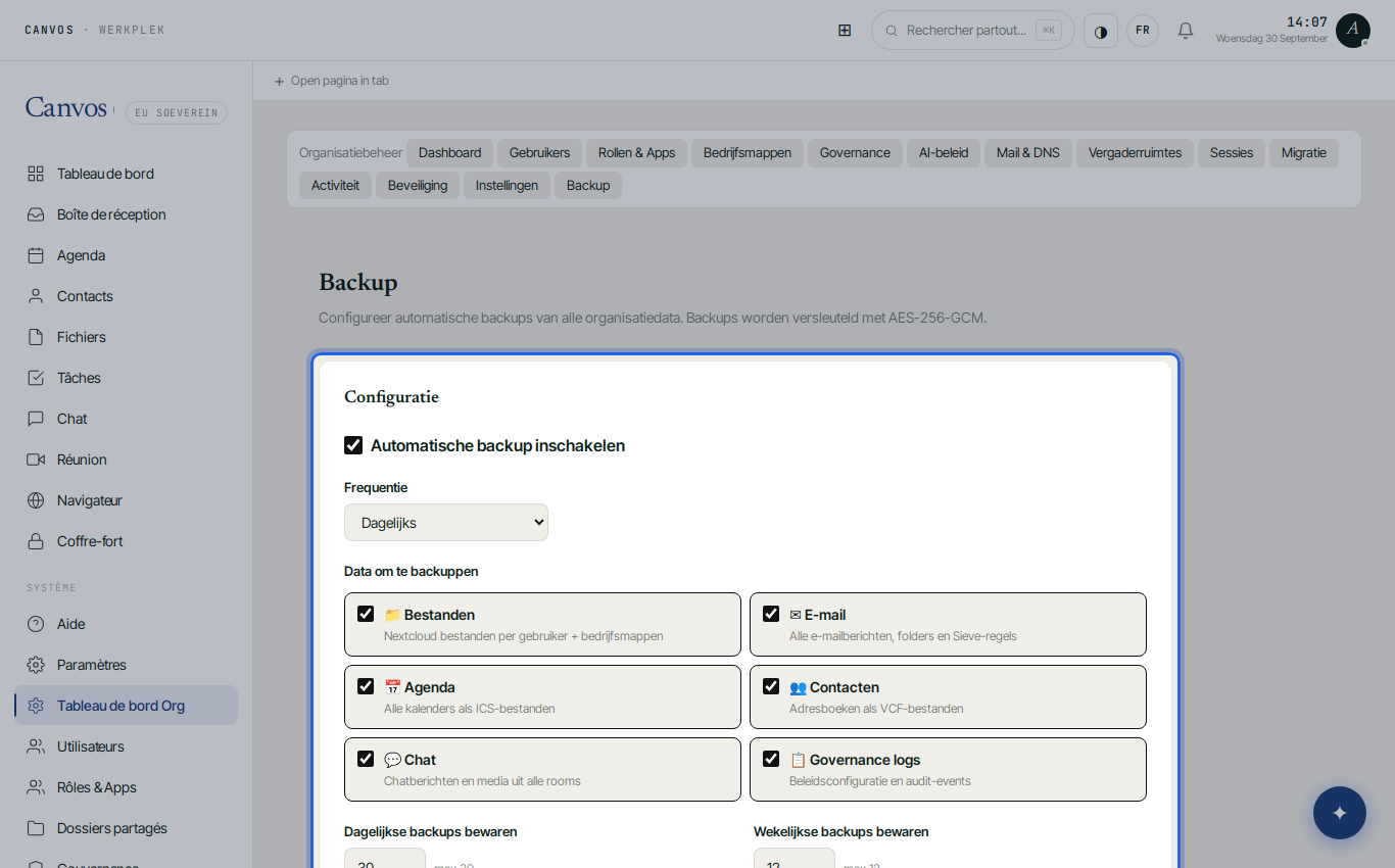 La configuration de sauvegarde avec fréquence, types de données et clé de chiffrement