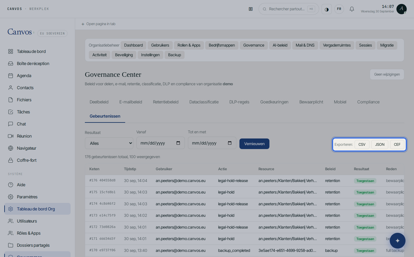 Le journal des événements avec les boutons d'export CEF, CSV et JSON