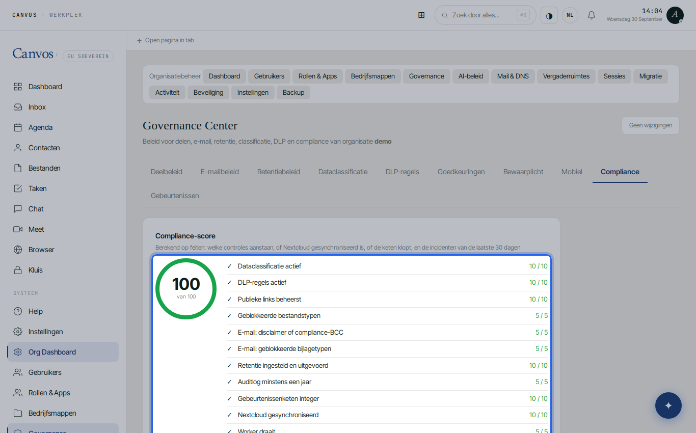 De compliance-score met de lijst van controles en hun status