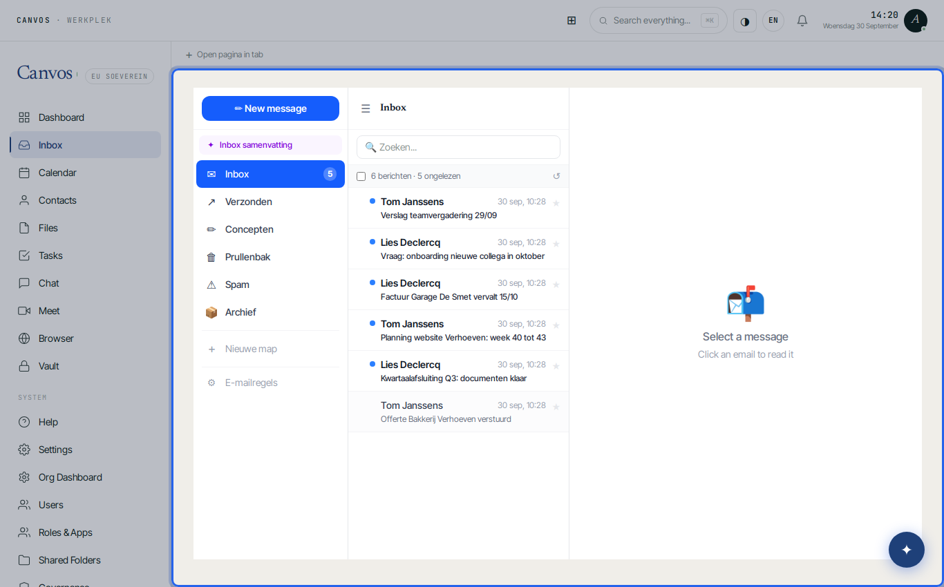 The Canvos Mail inbox