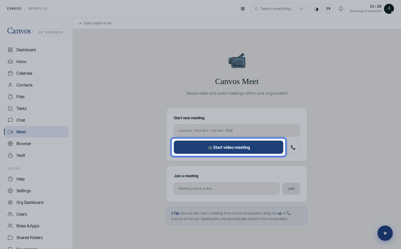 The Meet page with the button to start a video meeting